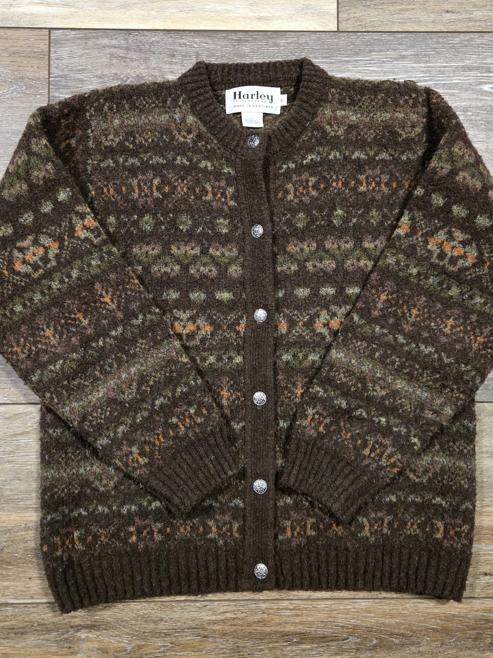 Harley of Scotland Wool Fair Isle Cardigan Sweater Brown Green Orange Size S